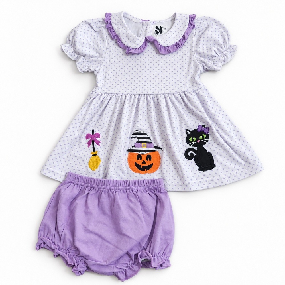 NEW Halloween Seersucker Joey Baby Dress Bloomers Set Purple Polka Dot 18-24M